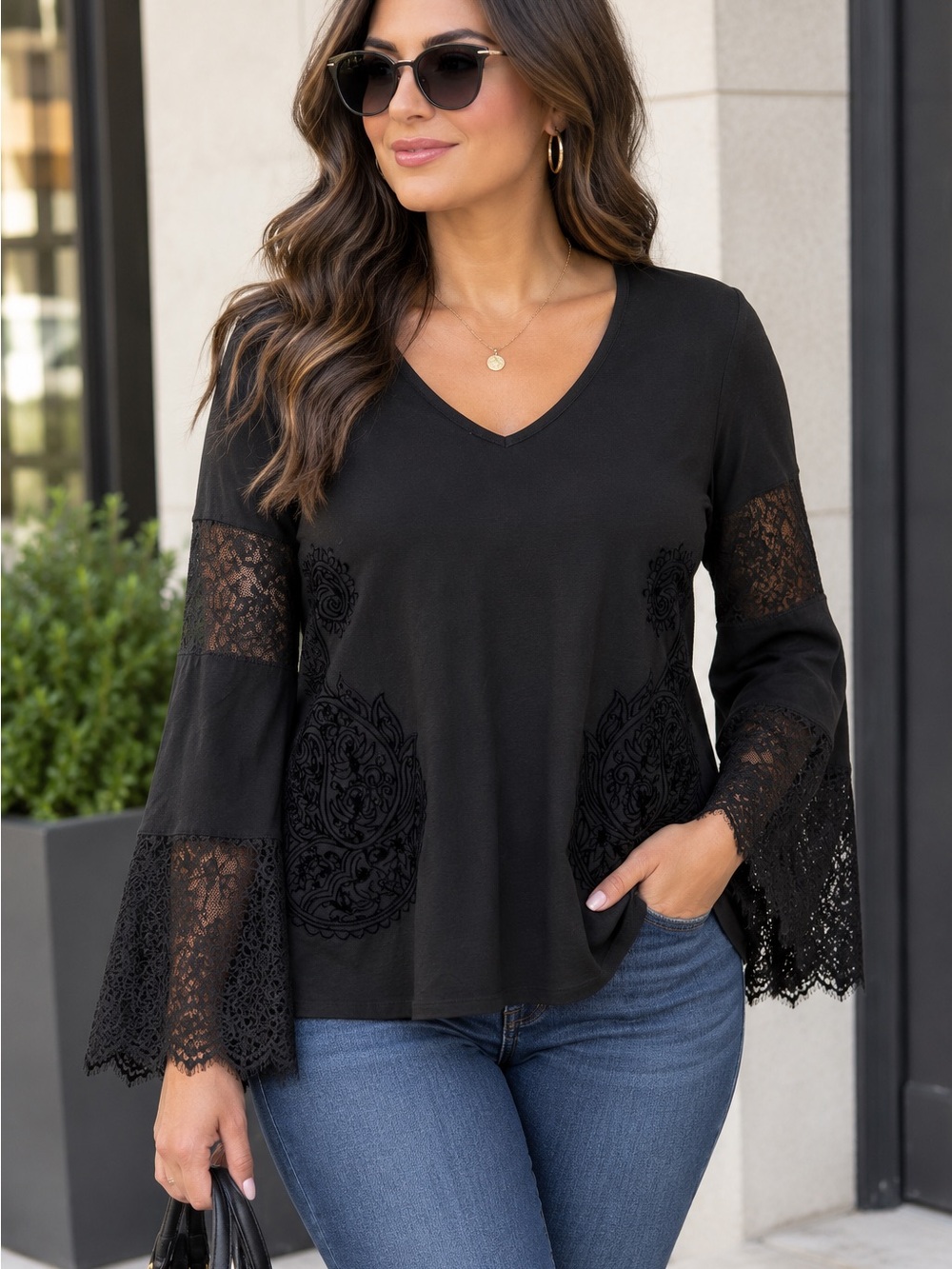 Desigual Black V-Neck Lace Bell Sleeve with Lace Top